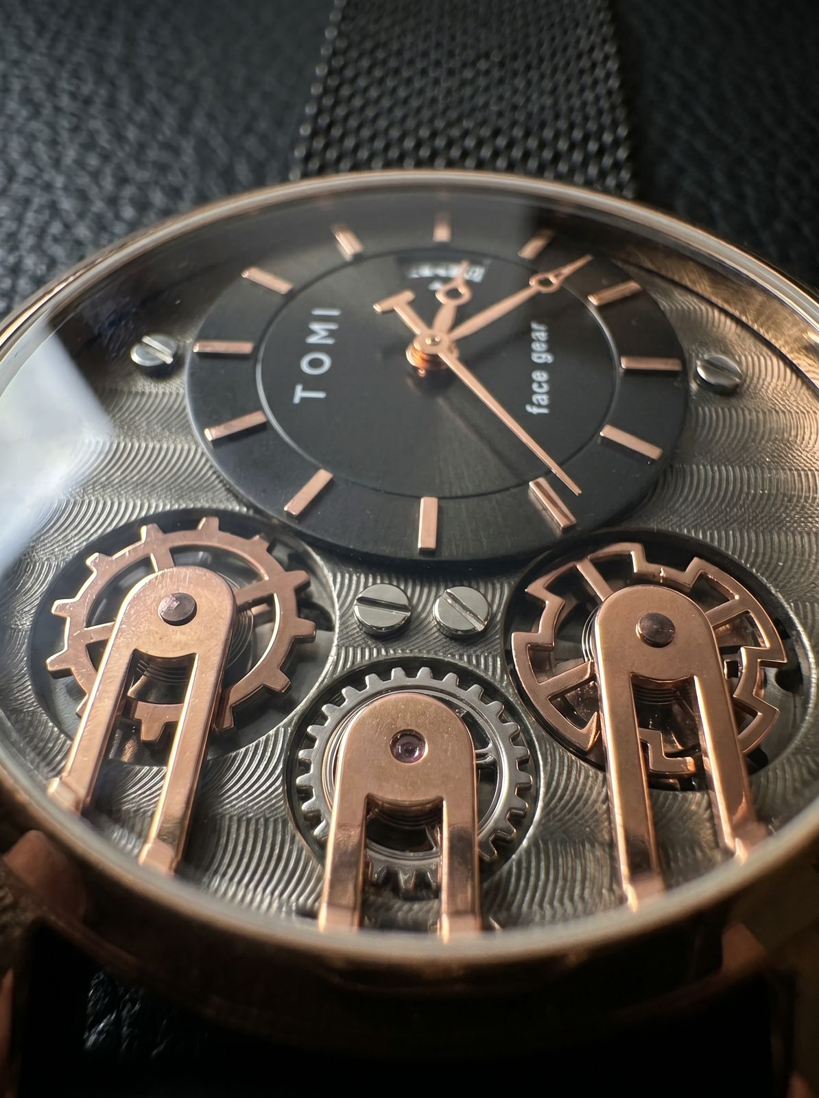TOMI Face Gear Rose Gold Skeleton Watch