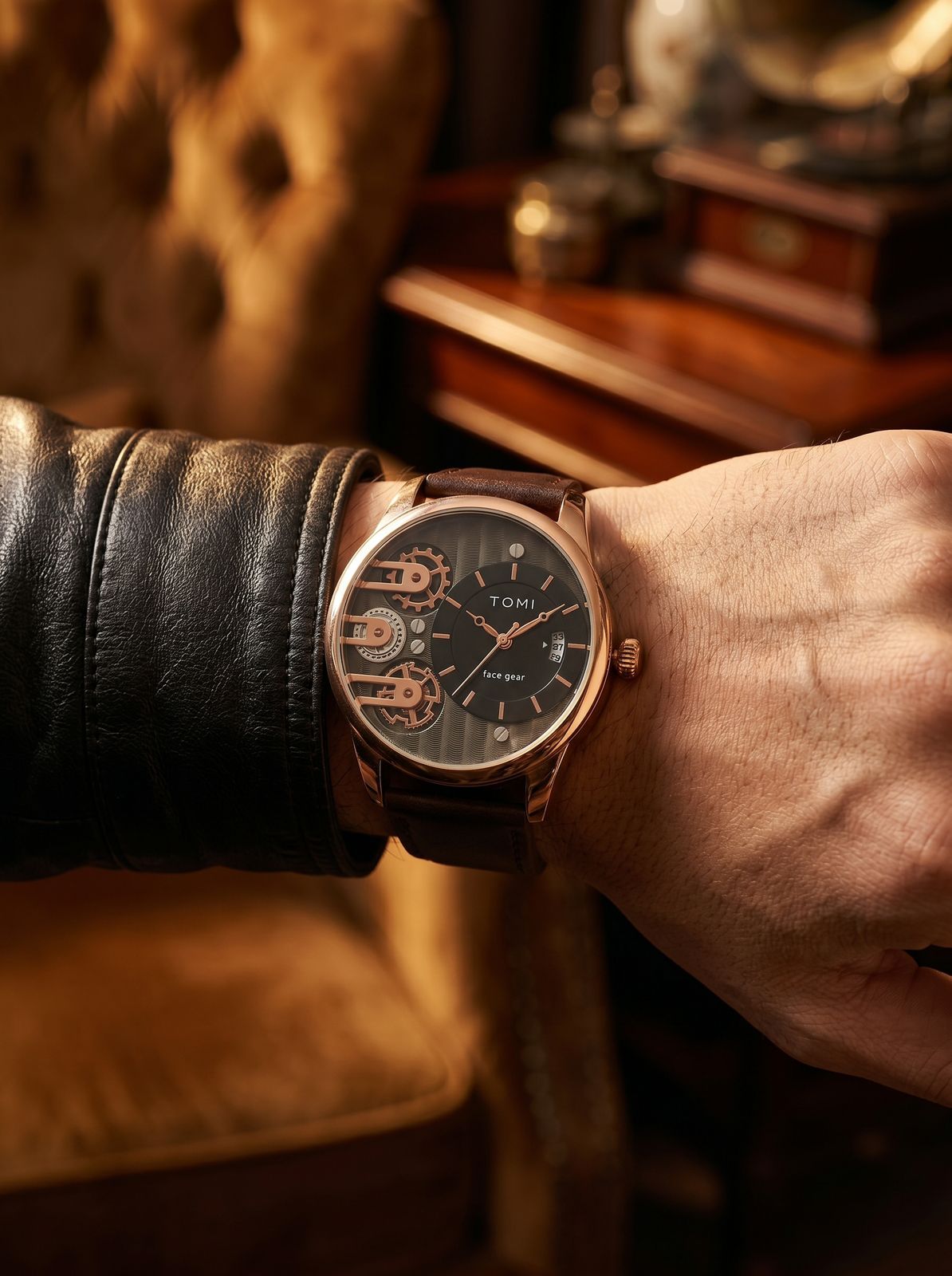 TOMI Face Gear Rose Gold Skeleton Watch