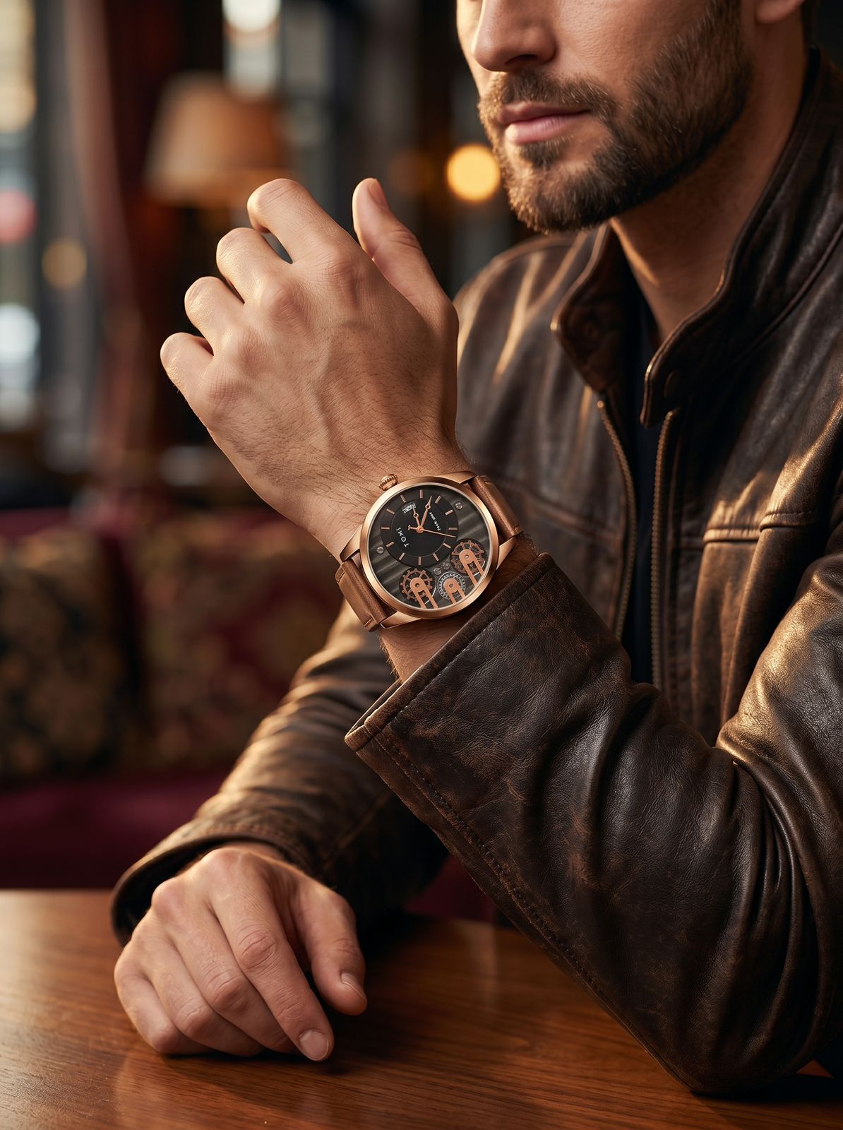 TOMI Face Gear Rose Gold Skeleton Watch