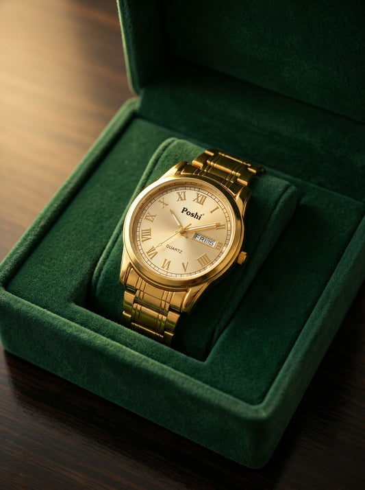 Poshi Gold-Tone Roman Numeral Quartz Analog Watch with Day-Date Display