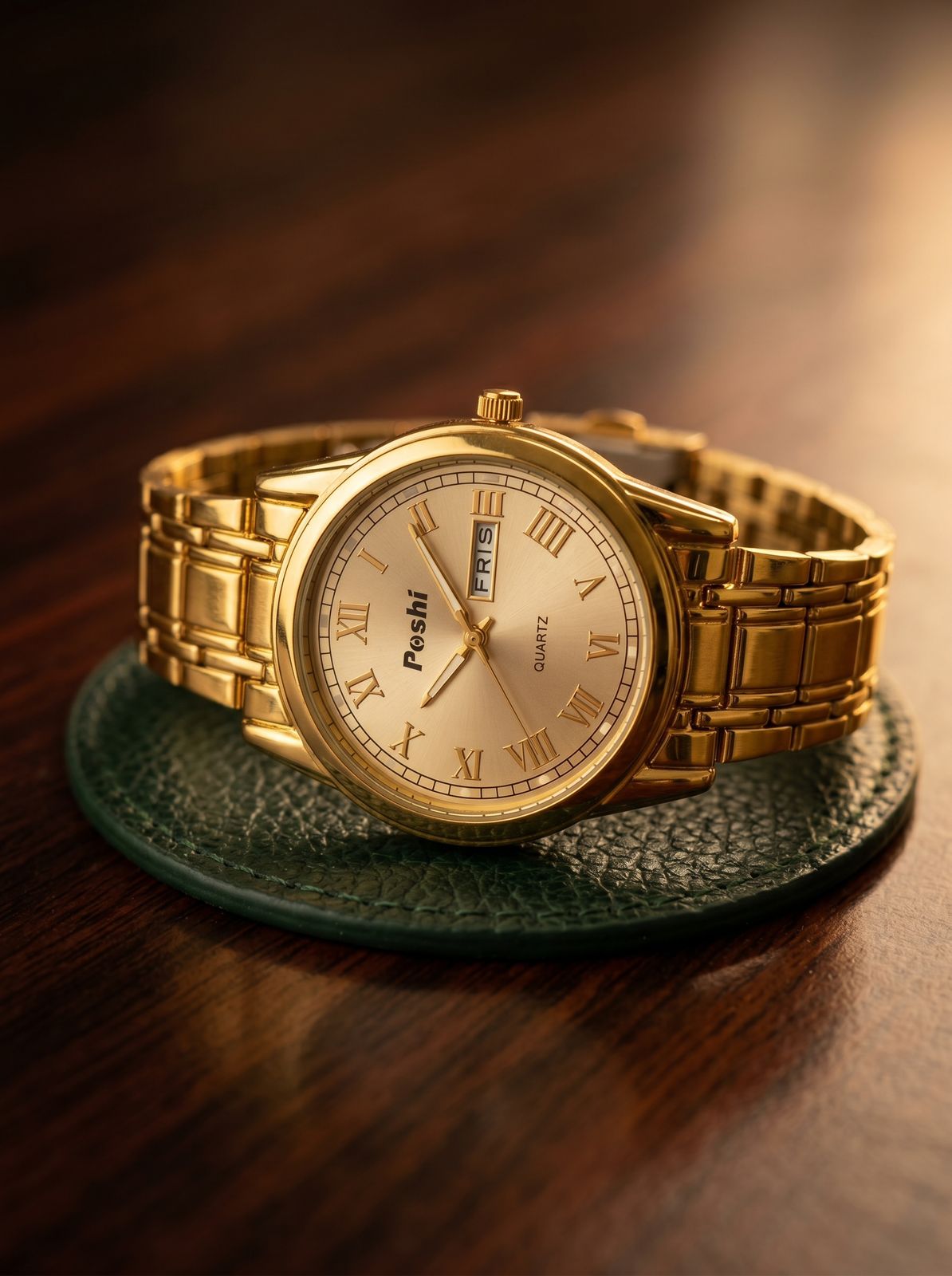 Poshi Gold-Tone Roman Numeral Quartz Analog Watch with Day-Date Display