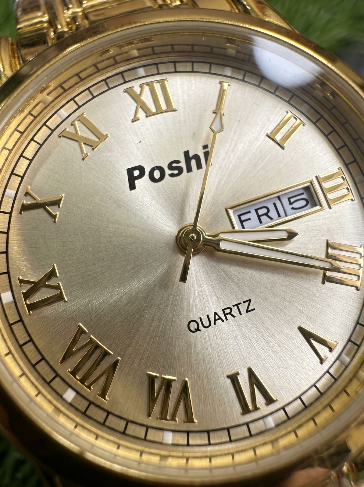 Poshi Gold-Tone Roman Numeral Quartz Analog Watch with Day-Date Display