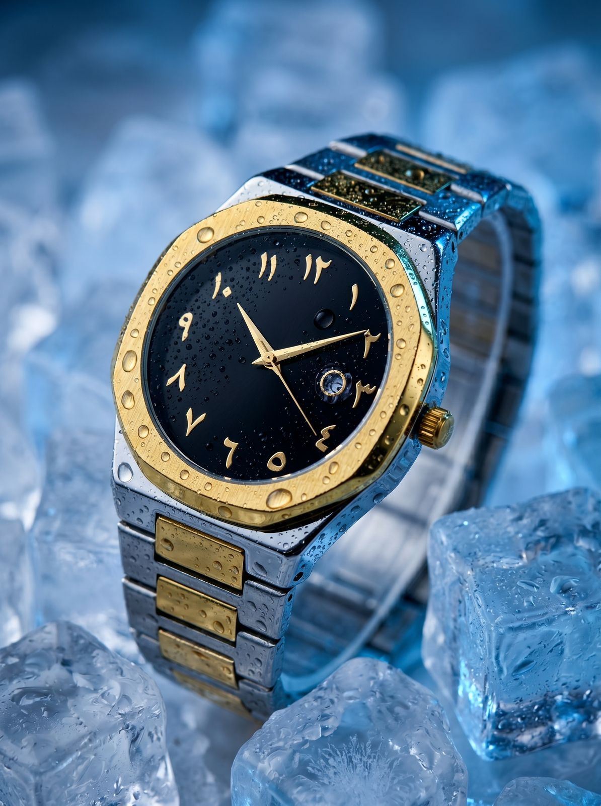 Elegant Two-Tone Gold & Silver Modern Watch with Blue Dial