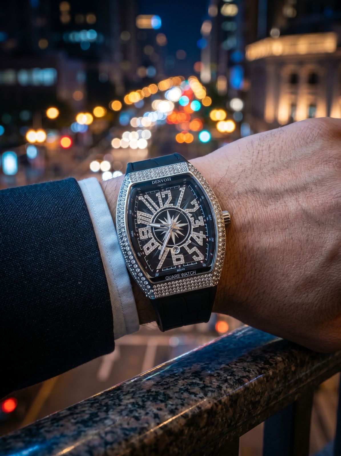 Denvosi Square Watch – Black Diamond‑Set Luxury Timepiece