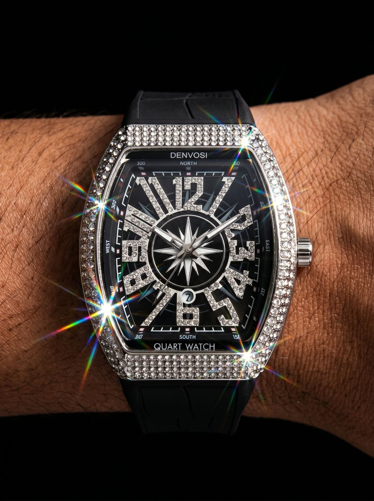 Denvosi Square Watch – Black Diamond‑Set Luxury Timepiece