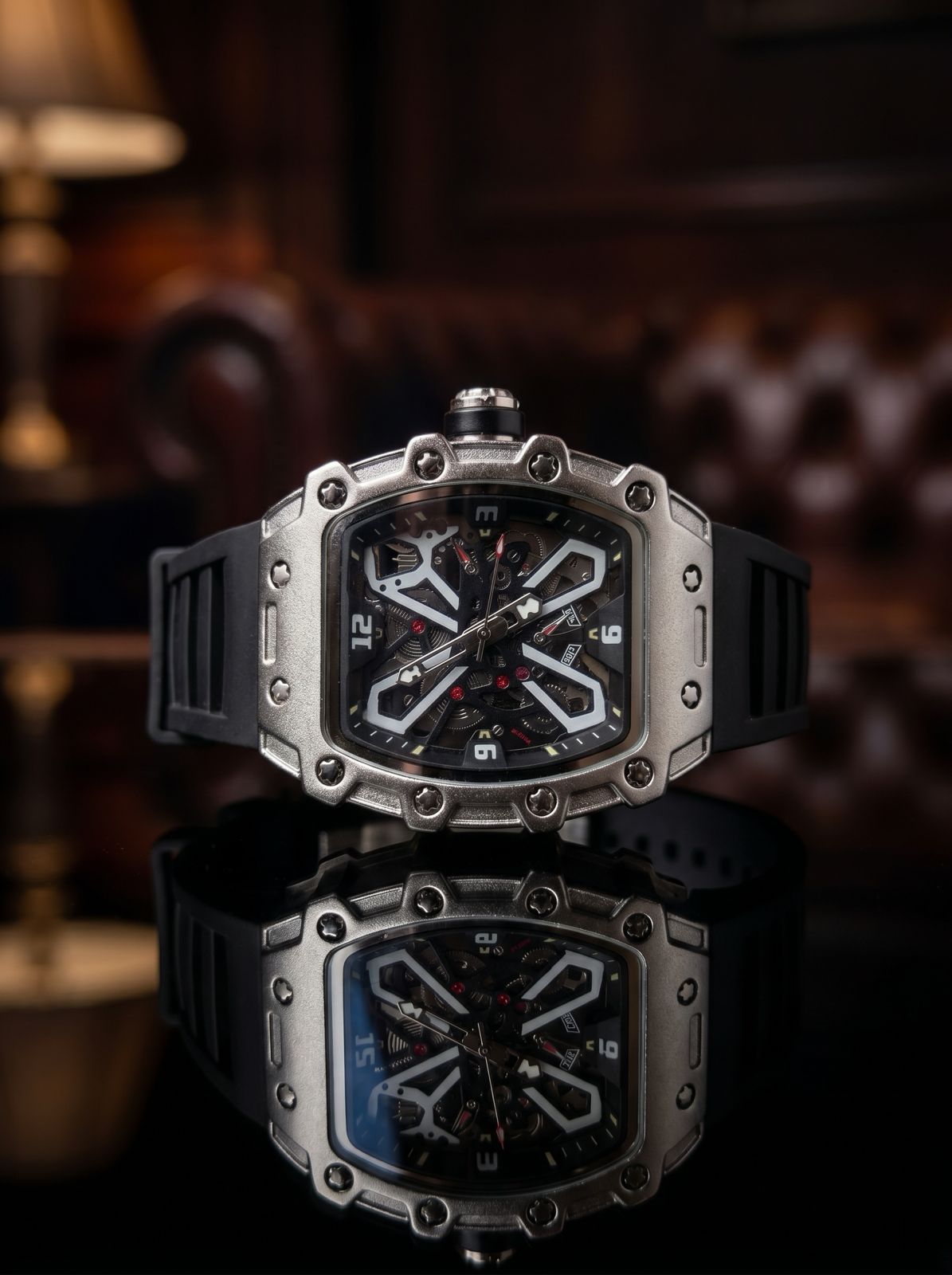 A.L.T.1.6 – Black Skeleton Watch (Silver Titanium Case)