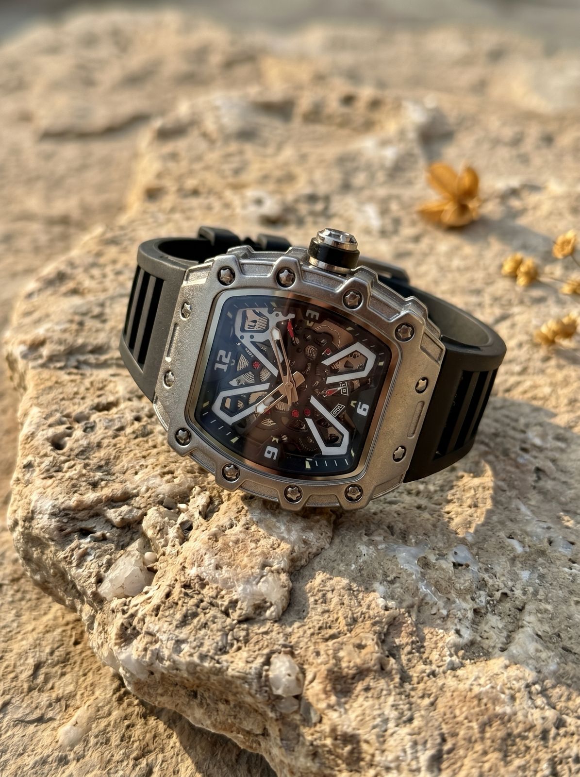 A.L.T.1.6 – Black Skeleton Watch (Silver Titanium Case)