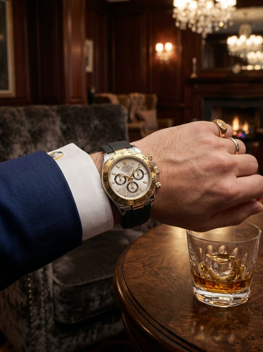 Rolex Daytona (White Dial, Gold Tachymeter Bezel, Black Rubber Strap)