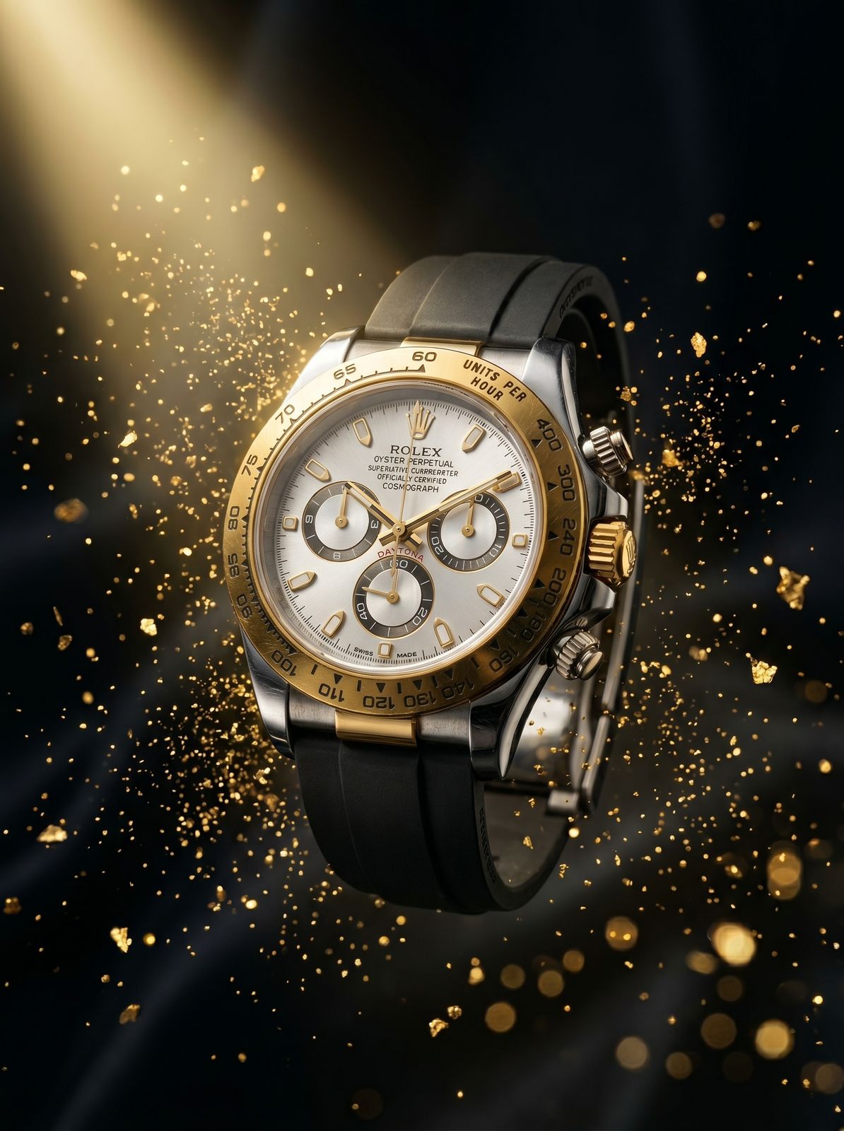 Rolex Daytona (White Dial, Gold Tachymeter Bezel, Black Rubber Strap)