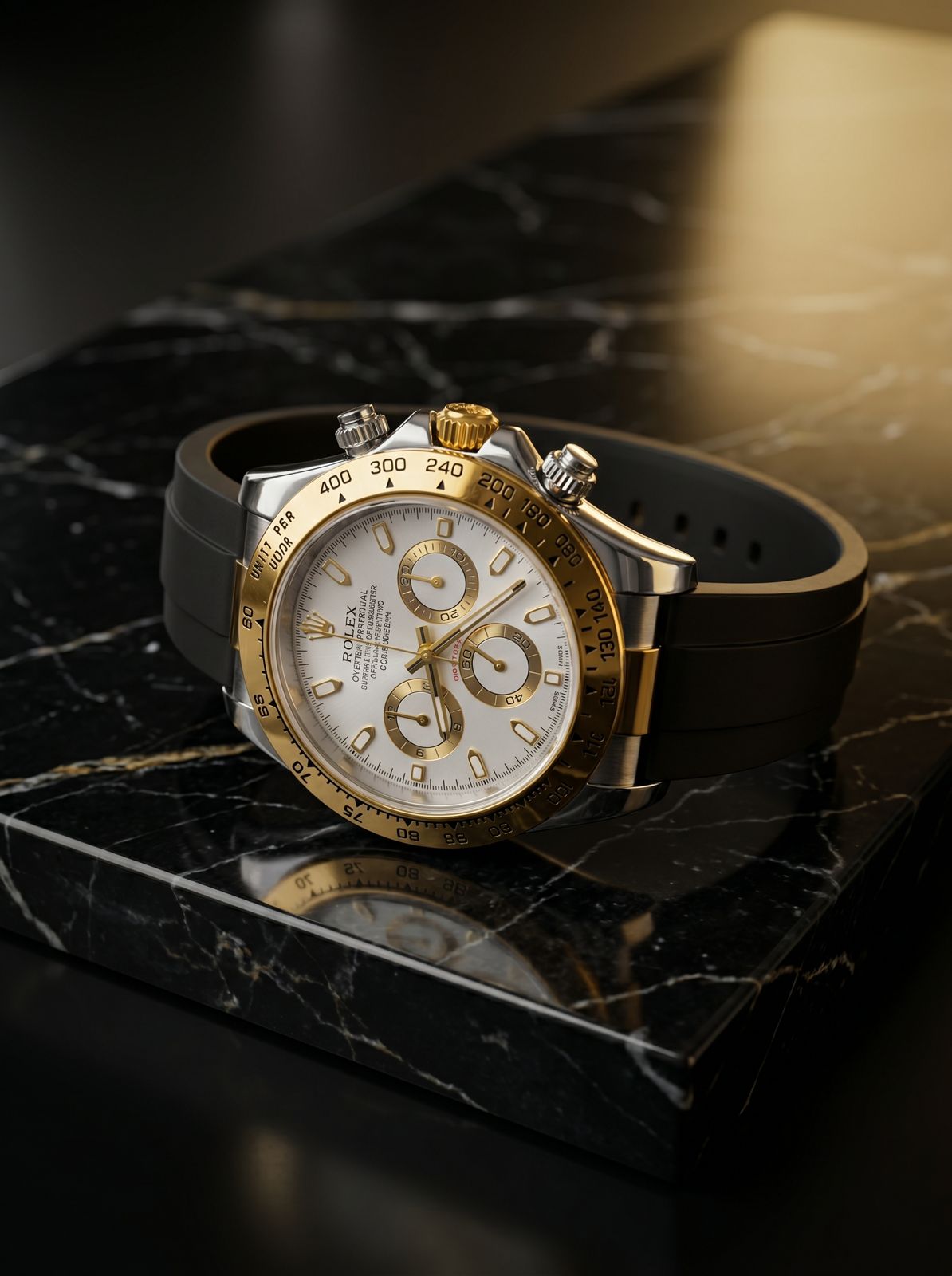 Rolex Daytona (White Dial, Gold Tachymeter Bezel, Black Rubber Strap)
